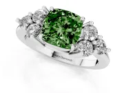 Fancy Green Cushion Cut Diamond Solitaire Ring Set in Silver with Cluster Accents on Each Side