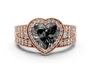 Fancy Black Heart Cut Diamond Halo Ring Set in Rose gold with Accent Split Shank and Prong Setting