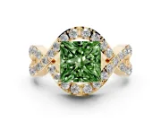 Fancy Green Princess Cut Diamond Solitaire Twist Band Pavé Engagement Ring Set in Yellow gold