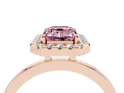Fancy Pink Emerald Cut Diamond Halo Solitaire Ring Set in Rose gold with Pavé Band and Prong Setting