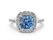 Cushion Cut Pave Halo Engagement Ring Setting for a Fancy Blue Lab-Grown Diamond | Pave Band | Platinum