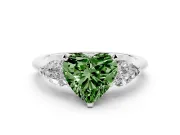 Fancy Green Three-Stone Heart Cut Diamond Ring Set in White gold with Pear Side Stones and Prong Setting