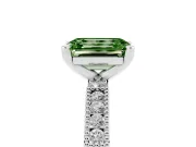Fancy Green Emerald Cut Diamond Solitaire Ring Set in White gold with Slim Pavé Band and Prong Setting