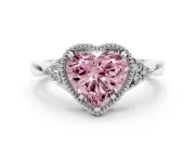 Fancy Pink Heart Cut Diamond Milgrain Solitaire Ring Set in White gold with Tapered Pavé Band and Prong Setting