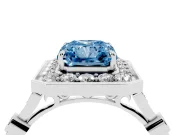 Radiant Cut Vintage Halo Engagement Ring Setting for a Fancy Blue Lab-Grown Diamond | Bezel Station Shoulders | Platinum