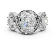 Radiant Cut Three Stone Halo Engagement Ring Setting | Pavé Wave Band | Platinum