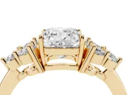Cushion Cut Diamond Solitaire Ring Set in Yellow gold with Cluster Accents on Each Side