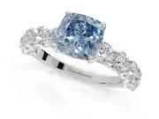 Cushion Cut Side Stone Engagement Ring Setting for a Fancy Blue Lab-Grown Diamond | Scalloped Prong Accents | Platinum