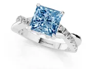 Fancy Blue Princess Cut Diamond Twist Band Solitaire Set in White gold with Pavé Accents and Prong Setting