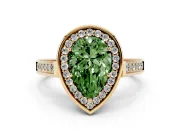 Fancy Green Pear Cut Diamond Halo Solitaire Ring Set in Yellow gold with Pavé Band and Bezel Setting