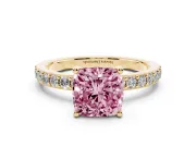 Cushion Cut Pavé Solitaire Engagement Ring Setting for a Fancy Pink Lab-Grown Diamond | Single Row Band | Yellow Gold