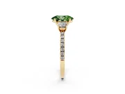 Fancy Green Oval Cut Diamond Three-Stone Ring Set in Yellow gold with Pavé Band and Graduated Sides