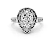 Pear Cut Diamond Halo Solitaire Ring Set in Silver with Pavé Band and Bezel Setting