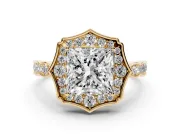 Princess Cut Vintage Scalloped Halo Engagement Ring Setting | Pave Band | Yellow Gold