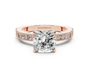 Cushion Cut Diamond Solitaire Ring Set in Rose gold with Slim Pavé Band and Prong Setting