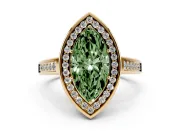 Fancy Green Marquise Cut Diamond Halo Solitaire Ring Set in Yellow gold with Pavé Band and Bezel Setting