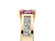Fancy Pink Asscher Cut Diamond Solitaire Ring Set in Yellow gold with Channel-Set Accent Stones and Prong Setting