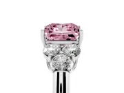 Fancy Pink Princess Cut Diamond Cluster Ring Set in Platinum with Round Accent Stones and Prong Setting on a Plain Band