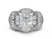 Round Vintage Floral Halo Engagement Ring Setting | Engraved Milgrain Band | White Gold