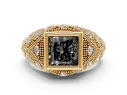 Fancy Black Princess Cut Diamond Bezel Ring Set in Yellow gold with Milgrain Accent Band