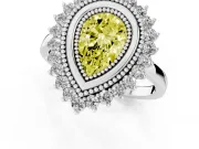 Fancy Yellow Pear Cut Diamond Halo Ring Set in Platinum with Milgrain Edge and Round Prong Setting