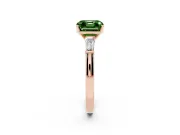 Fancy Green Asscher Cut Diamond Solitaire Ring Set in Rose gold with Tapered Baguette Side Stones and Prong Setting