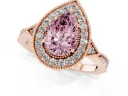Fancy Pink Pear Cut Diamond Halo Engagement Ring Set in Rose gold with Milgrain Pavé Band