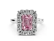 Emerald Cut Claw Corner Halo Engagement Ring Setting for a Fancy Pink Lab-Grown Diamond | Slim Plain Band | Platinum