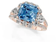 Fancy Blue Asscher Cut Diamond Halo Split Shank Engagement Ring Set in Rose gold with Prong-Held Center Stone