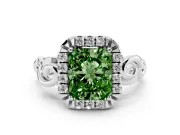 Fancy Green Radiant Cut Diamond Halo Ring Set in Silver with Scrollwork Band and Prong Setting
