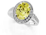 Fancy Yellow Oval Cut Diamond Milgrain Halo Solitaire Ring Set in Silver with Bezel Set Side Stones and Pavé Band