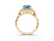 Round Halo Engagement Ring Setting for a Fancy Blue Lab-Grown Diamond | Leaf Shoulders | Yellow Gold