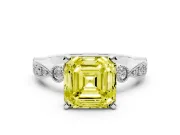 Fancy Yellow Asscher Cut Diamond Solitaire Engagement Ring Set in Silver with Milgrain Bezel Accent Band