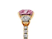 Cushion Cut Three Stone Engagement Ring Setting for a Fancy Pink Lab-Grown Diamond | Pave Shoulders | Yellow Gold