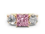 Princess Cut Three Stone Engagement Ring Setting for a Fancy Pink Lab-Grown Diamond | Wide Plain Band | Yellow Gold