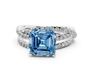 Fancy Blue Asscher Cut Diamond Solitaire Twist Band Ring Set in Silver with Pavé Setting and Prong Head