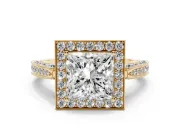 Princess Cut Vintage Milgrain Halo Engagement Ring Setting | Side Stones and Pave | Yellow Gold