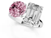 Fancy Pink Round Cut and Emerald Cut Toi Moi Ring Set in Platinum with Prong Setting