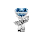 Fancy Blue Asscher Cut Diamond Floral Vine Solitaire Engagement Ring Set in Silver with Marquise Leaves