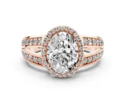 Oval Cut Diamond Halo Ring Set in Rose gold with Double Pavé Split Shank