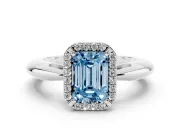Fancy Blue Emerald Cut Diamond Halo Engagement Ring Set in Silver with Plain Split Shank and Prong Setting