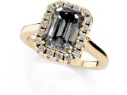 Fancy Black Emerald Cut Halo Round Diamond Solitaire Ring Set in Yellow gold with Pavé Band and Prong Setting