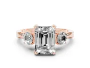 Emerald Cut Hidden Halo Three Stone Engagement Ring Setting for a Fancy Pink Lab-Grown Diamond | Rose Gold
