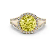Fancy Yellow Round Cut Diamond Halo Split Shank Ring Set in Yellow gold with Accent Stones and Prong Setting