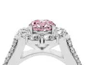 Fancy Pink Oval Cut Diamond Halo Engagement Ring Set in White gold with Split Shank and Prong Setting