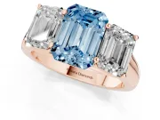 Emerald Cut Three Stone Engagement Ring Setting for a Fancy Blue Lab-Grown Diamond | Basket Prong Heads | Rose Gold