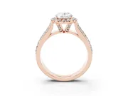 Oval Cut Diamond Halo Ring Set in Rose gold with Pavé Band and Raised Center Setting