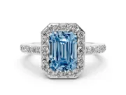 Fancy Blue Emerald Cut Diamond Halo Ring Set in Platinum with Pavé-Setting Band and Open Prong Center