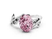 Fancy Pink Oval Cut Diamond Solitaire Twist Engagement Ring Set in Silver with Pavé Leaf Accents