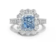 Radiant Cut Vintage Halo Engagement Ring Setting for a Fancy Blue Lab-Grown Diamond | Milgrain Channel Band | White Gold